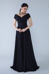 Siyah Uzun Kayık Kruvaze Yaka Düşük Omuz Abiye Elbise