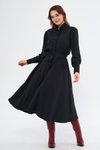 Siyah Uzun Kol Midi Gömlek Kuşaklı Beli Lastikli Cepli Elbise