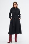 Siyah Uzun Kol Midi Gömlek Kuşaklı Beli Lastikli Cepli Elbise