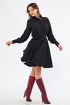 Siyah Uzun Kollu Dökümlü Beli Lastikli Kuşaklı Mini Gömlek Elbise