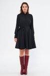 Siyah Uzun Kollu Dökümlü Beli Lastikli Kuşaklı Mini Gömlek Elbise