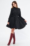 Siyah Uzun Kollu Dökümlü Beli Lastikli Kuşaklı Mini Gömlek Elbise