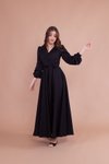 Siyah Uzun Kruvaze Yaka Kemerli Elbise