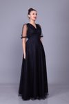 Siyah Uzun V Yaka Kısa Balon Kol İnci Tül Kaplamalı Abiye Elbise