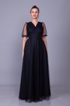 Siyah Uzun V Yaka Kısa Balon Kol İnci Tül Kaplamalı Abiye Elbise