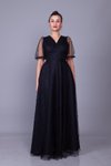 Siyah Uzun V Yaka Kısa Balon Kol İnci Tül Kaplamalı Abiye Elbise