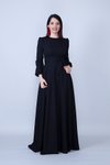 Siyah Yuvarlak Yaka Beli Büzgülü Kuşaklı Cepli Dokuma Kumaş Tesettür Abiye Elbise