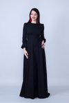 Siyah Yuvarlak Yaka Beli Büzgülü Kuşaklı Cepli Dokuma Kumaş Tesettür Abiye Elbise