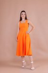 Turuncu Midi Askılı Kare Yaka Elbise