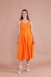 Turuncu Midi Askılı Kare Yaka Elbise