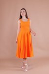 Turuncu Midi Askılı Kare Yaka Elbise