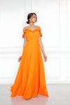 Turuncu Uzun Kloş Straplez Ayarlanabilir Askılı Fırfır Detaylı Abiye Elbise