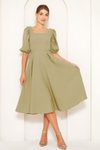 Yağ Yeşili Midi Kare Yaka Kısa Balon Kol Lastikli Dokuma Elbise