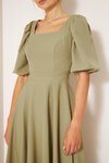 Yağ Yeşili Midi Kare Yaka Kısa Balon Kol Lastikli Dokuma Elbise