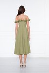 Yağ Yeşili Pileli Kloş Midi Ayarlanabilir Askılı Fırfır Detay Abiye Elbise