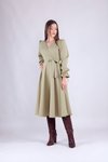 Yağ Yeşili Uzun Kol Midi Kruvaze Yaka Elbise