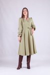 Yağ Yeşili Uzun Kol Midi Kruvaze Yaka Elbise
