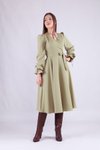 Yağ Yeşili Uzun Kol Midi Kruvaze Yaka Elbise
