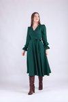 Zümrüt Midi Kruvaze Yaka Uzun Kol Elbise