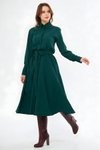 Zümrüt Midi Uzun Kol Kuşaklı Beli Lastikli Cepli Gömlek Elbise