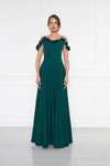 Zümrüt Uzun Straplez Kloş Ayarlanabilir Askılı Fırfır Detaylı Abiye Elbise