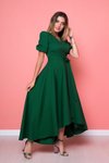 Zümrüt Yeşili Önü Kısa Arkası Uzun Asimetrik Kesim Kruvaze Yaka Elbise