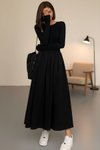Siyah Kloş Evaze Maksi Etekli Uzun Kollu Kombine Elbise