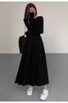 Siyah Kloş Evaze Maksi Etekli Uzun Kollu Kombine Elbise