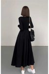 Siyah Kloş Evaze Maksi Etekli Uzun Kollu Kombine Elbise