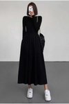 Siyah Kloş Evaze Maksi Etekli Uzun Kollu Kombine Elbise
