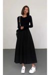 Siyah Kloş Evaze Maksi Etekli Uzun Kollu Kombine Elbise