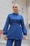 İndigo Tesettür Taş Düğme Detaylı İkili Takım