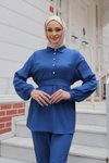 İndigo Tesettür Taş Düğme Detaylı İkili Takım