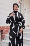 Siyah Büyük Fırça Desenli Viskon Tesettür Elbise