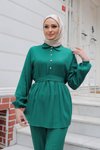 Yeşil İkili Taş Düğme Detaylı Tesettür Takım