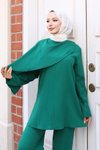 Yeşil Tesettür İkili Pelerin Detaylı Takım