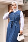 Açık Mavi Kot Kemer Detaylı Jile Elbise