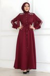 Bordo Düğme Detaylı Tesettür Elbise