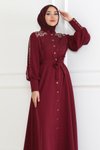 Bordo Düğme Detaylı Tesettür Elbise