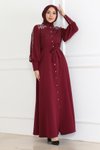 Bordo Düğme Detaylı Tesettür Elbise