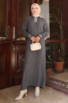 Gri Triko Düğme Detaylı Tesettür Elbise