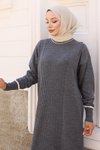 Gri Triko Manşeti Taş Detaylı Tesettür Elbise