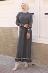 Gri Triko Manşeti Taş Detaylı Tesettür Elbise