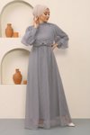 Gri Tül İnci Detaylı Tesettür Abiye Elbise