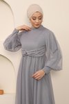 Gri Tül İnci Detaylı Tesettür Abiye Elbise