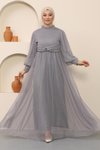 Gri Tül İnci Detaylı Tesettür Abiye Elbise