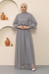 Gri Tül İnci Detaylı Tesettür Abiye Elbise