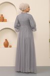 Gri Tül İnci Detaylı Tesettür Abiye Elbise