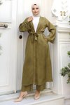 Haki Kimono Apolet Detaylı Tesettür İkili Takım