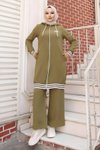 طقم محتشم قطعتين لون كاكي مضلع بسحاب